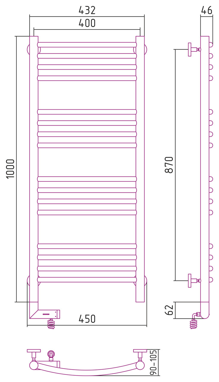 Полотенцесушитель электрический Сунержа Богема 2.0 выгнутая 1000х400 МЭМ левый Без покрытия