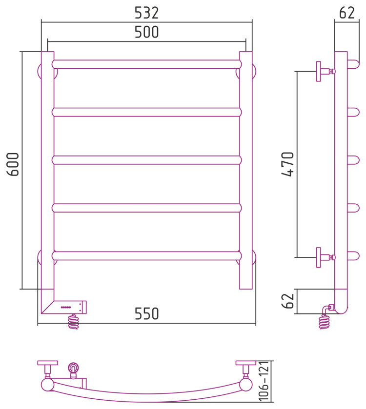 Полотенцесушитель электрический Сунержа Галант 2.0 600х500 МЭМ левый Состаренная латунь