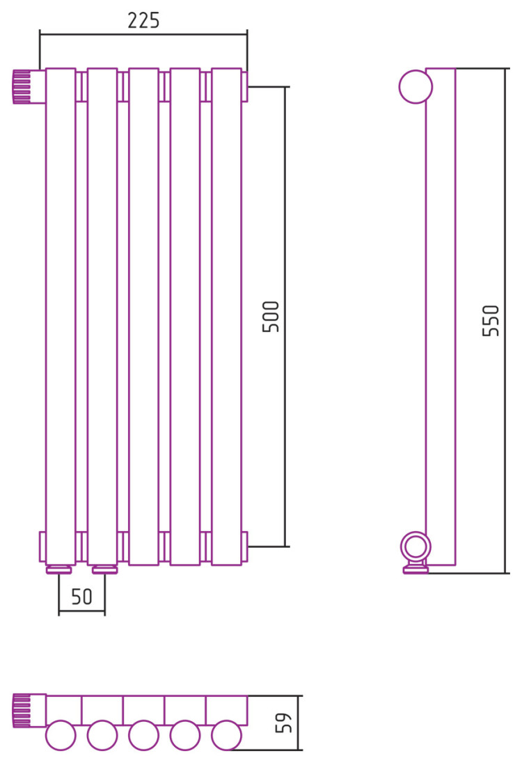 Отопительный радиатор Сунержа Эстет-1 EU50 левый 500х225 5 секций Матовая шампань