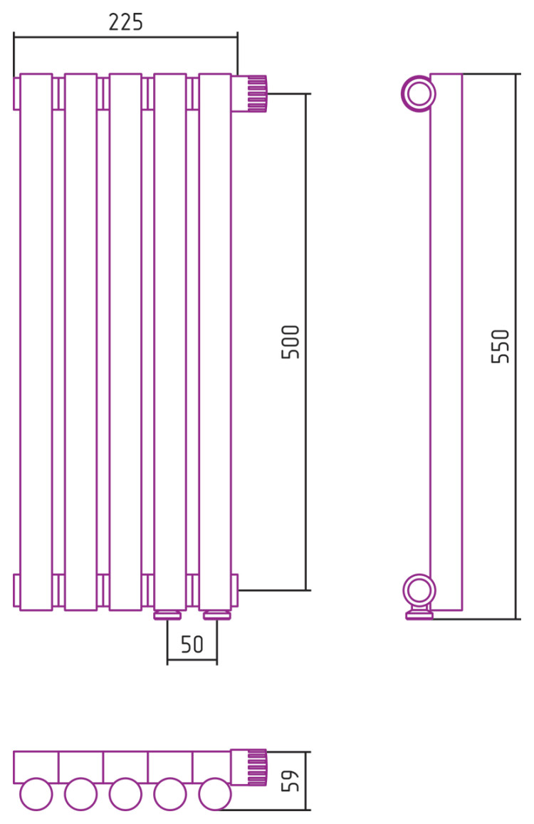 Отопительный радиатор Сунержа Эстет-1 EU50 правый 500х225 5 секций Сатин