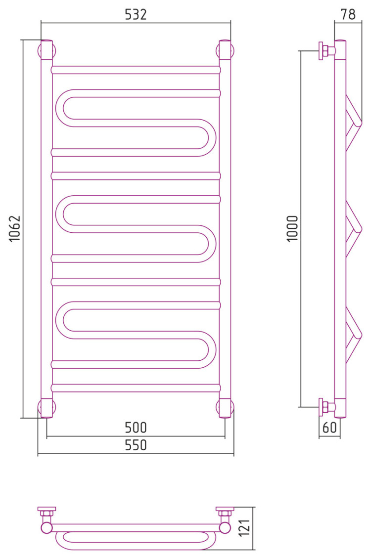 Полотенцесушитель водяной Сунержа Элегия+ 1000х500 Без покрытия