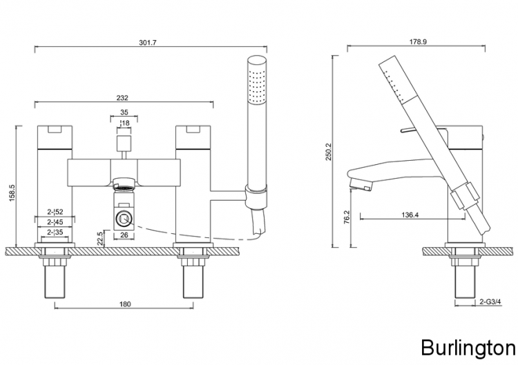 Смеситель для ванны с ручным душем, набортный [CTA16]