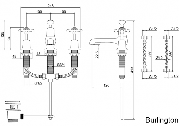 Смеситель для раковины на 3 отверстия Regent, с донным клапаном [CLR12]