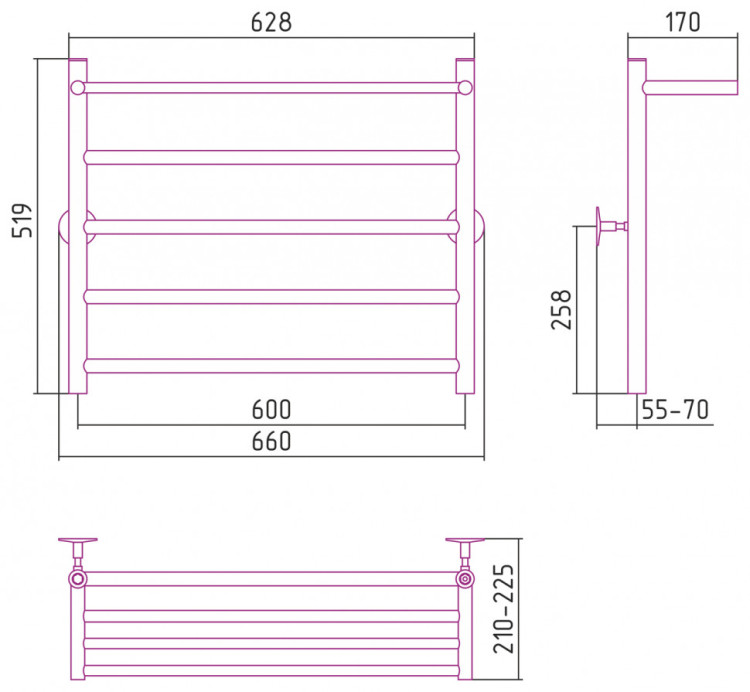 Полотенцесушитель водяной Стилье Универсал-54 600х600 (Полка + 4) П 21 Без покрытия