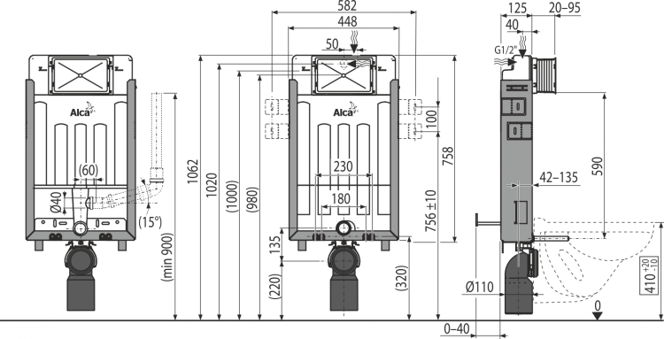 Скрытая система инсталляции с возможностью вентиляции для замуровывания в стену Alcadrain AM115/1000V Renovmodul