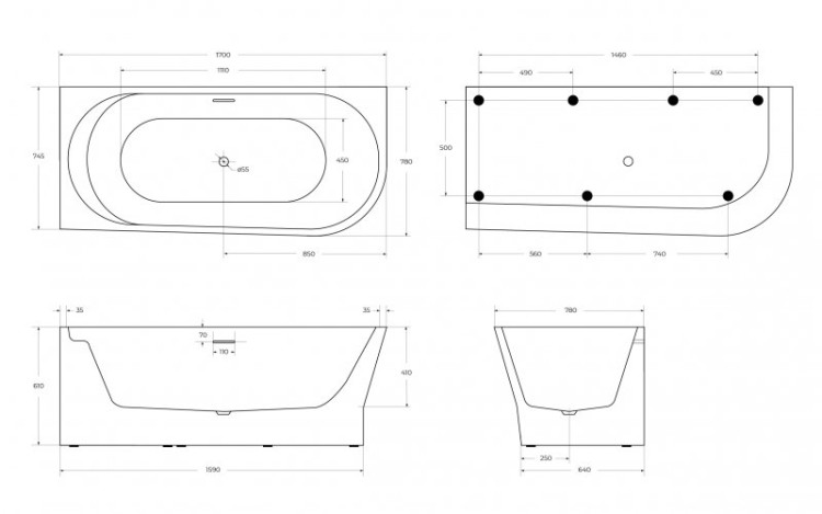 Угловая, овальная акриловая ванна в комплекте со сливом-переливом цвета хром BelBagno BB410-1700-780-R