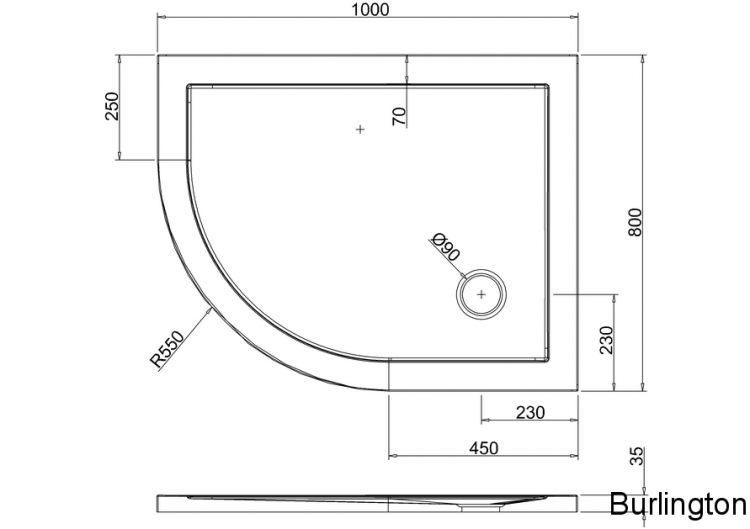 Закругленный угловой поддон 1000 x 800 мм левосторонний [Z1199]