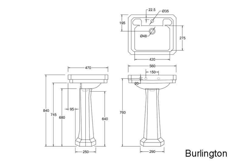 Раковина 56 см на 1 или 3 отверстия с пьедесталом