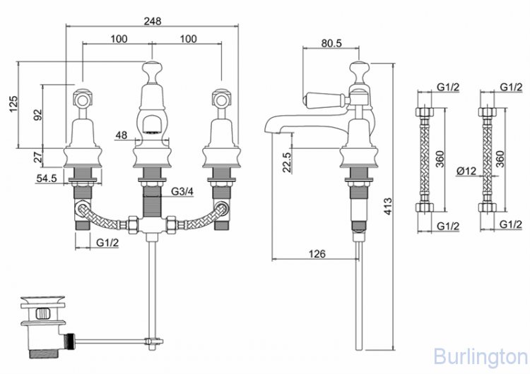 Смеситель для раковины на 3 отверстия Regent, с донным клапаном [KER12 BLA]