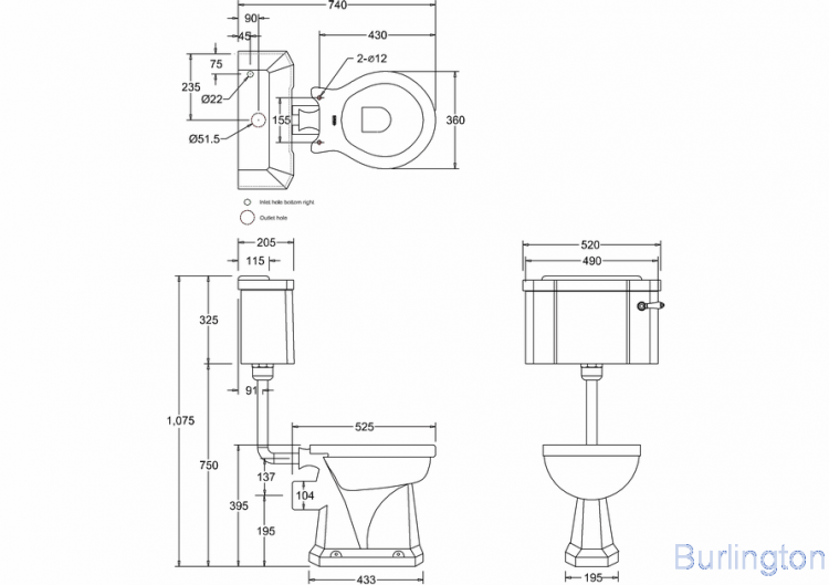 Унитаз с низким бачком 51см, с черной керамической ручкой слива