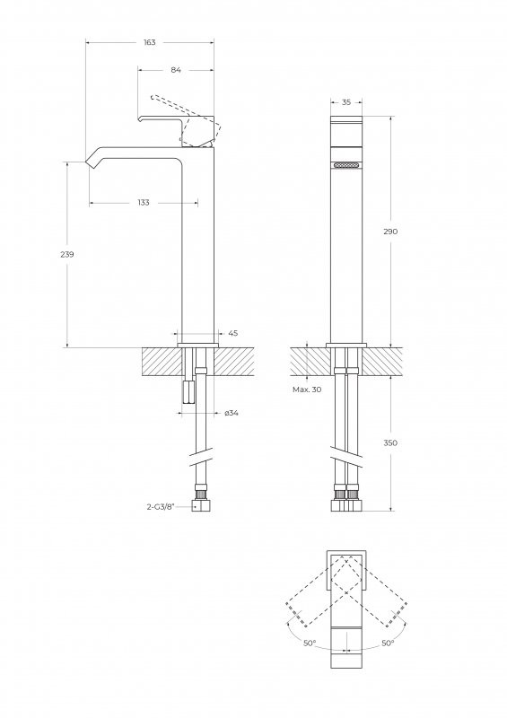 Смеситель для накладной раковины без донного клапана Cezares PORTA-LC-01-W0