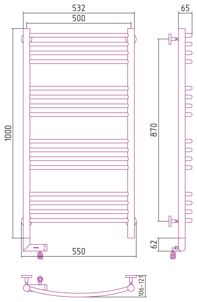 Полотенцесушитель электрический Сунержа Богема 2.0 выгнутая 1000х500 МЭМ левый Матовый чёрный