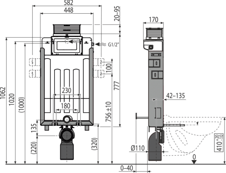 Скрытая система инсталляции для замуровывания в стену, управление сверху или спереди Alcadrain AM119/1000 Renovmodul