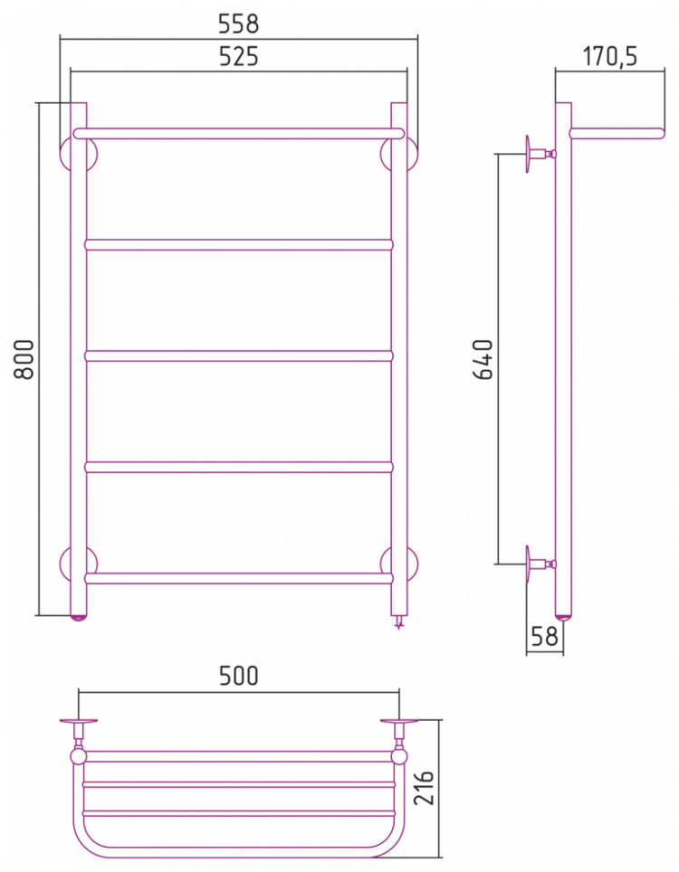 Полотенцесушитель электрический Стилье Формат 30 П 800х500 (Полка + 4) П16 Без покрытия