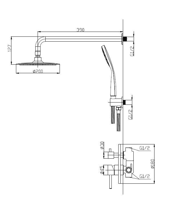Душевой комплект со встраиваемым смесителем с переключателем, верхним душем 200 мм, ручным душем Cezares ETNA-SET-DDS-IN
