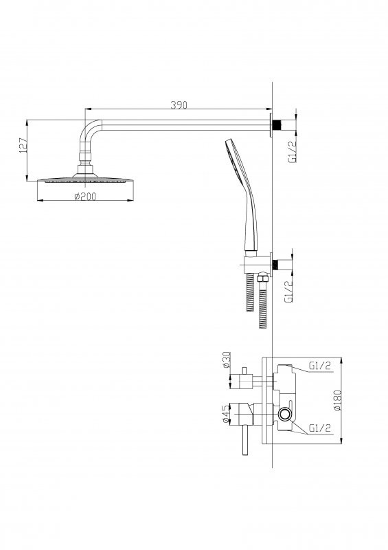 Душевой комплект со встраиваемым смесителем с переключателем, верхним душем 200 мм, ручным душем Cezares ETNA-SET-DDS-IN