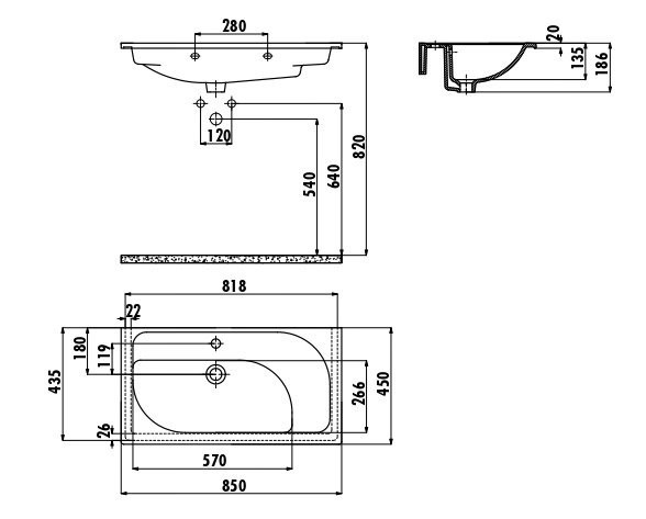 CREAVIT Раковина TP185 мебельная врезная (85 см)