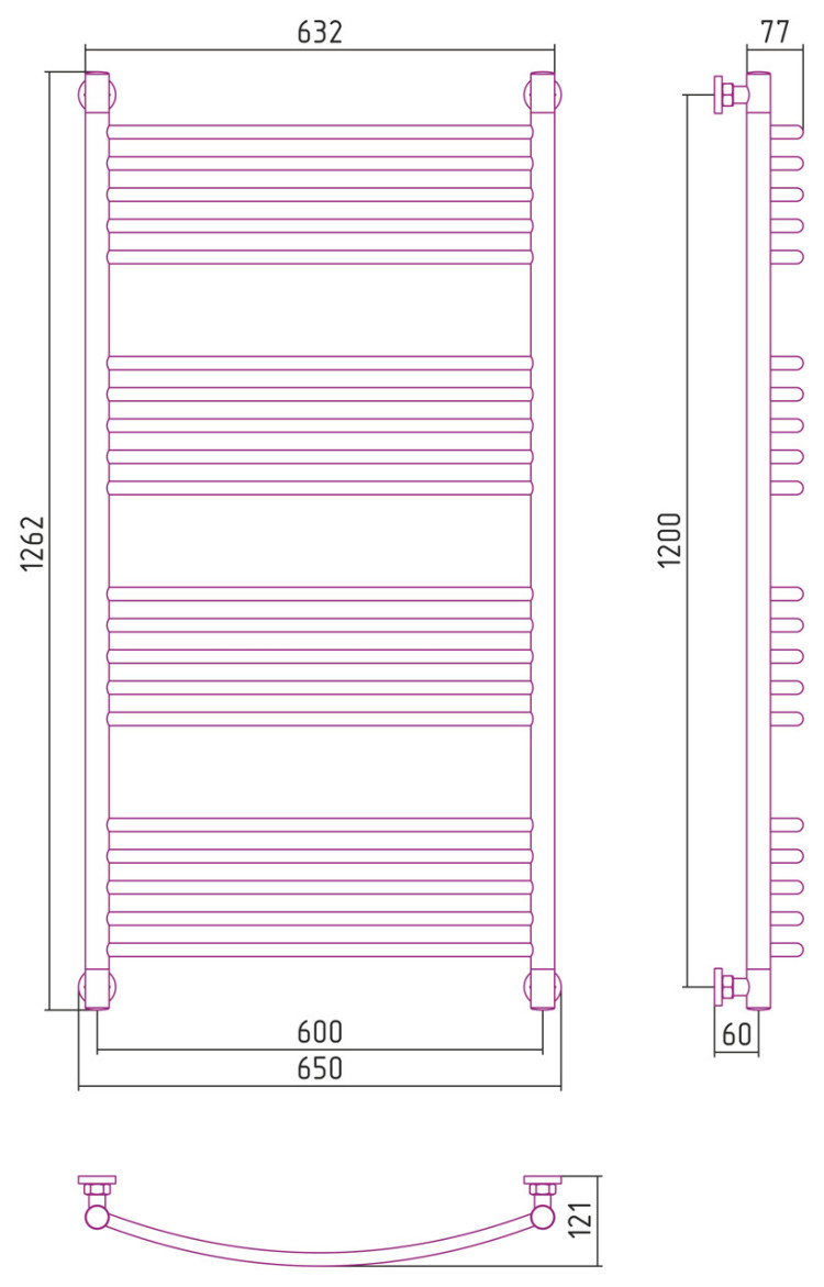 Полотенцесушитель водяной Сунержа Богема+ выгнутая 1200х600 Матовый чёрный