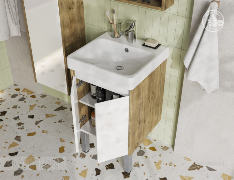 Тумба под раковину AQUATON Сканди Doors 45 белый глянец, дуб рустикальный, 1A278701SDZ90