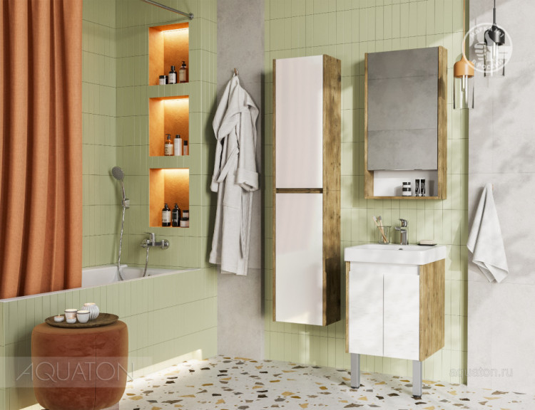 Тумба под раковину AQUATON Сканди Doors 45 белый глянец, дуб рустикальный, 1A278701SDZ90