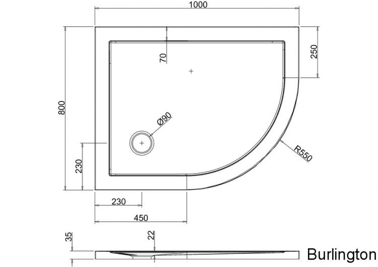 Закругленный угловой поддон 1000 x 800 мм правосторонний [Z1200]