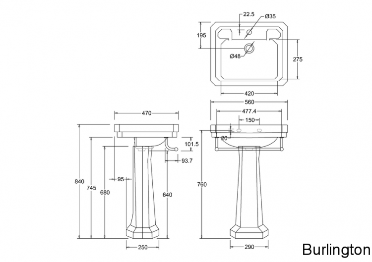 Раковина 56 см на 1 или 3 отверстия с пьедесталом и полотенцедержателем