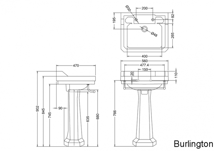 Раковина 56 см на 1 или 3 отверстия с пьедесталом и полотенцедержателем