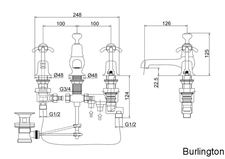 Смеситель - термостат для раковины на 3 отверстия с донным клапаном [AN29]