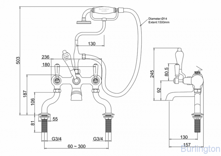 Смеситель для ванны с ручным душем, набортный [KE15 BLA]