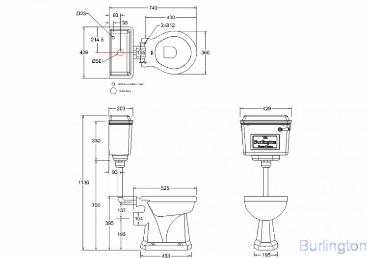 Унитаз с низким хромированным бачком, с керамической ручкой слива