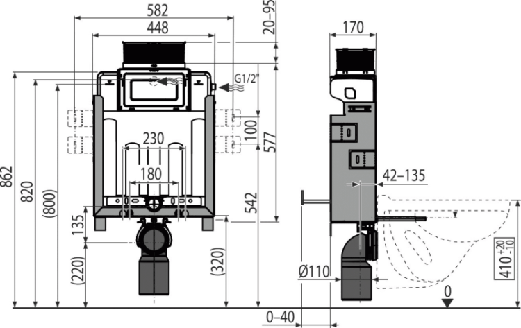 Скрытая система инсталляции для замуровывания в стену, управление сверху или спереди Alcadrain AM119/850 Renovmodul