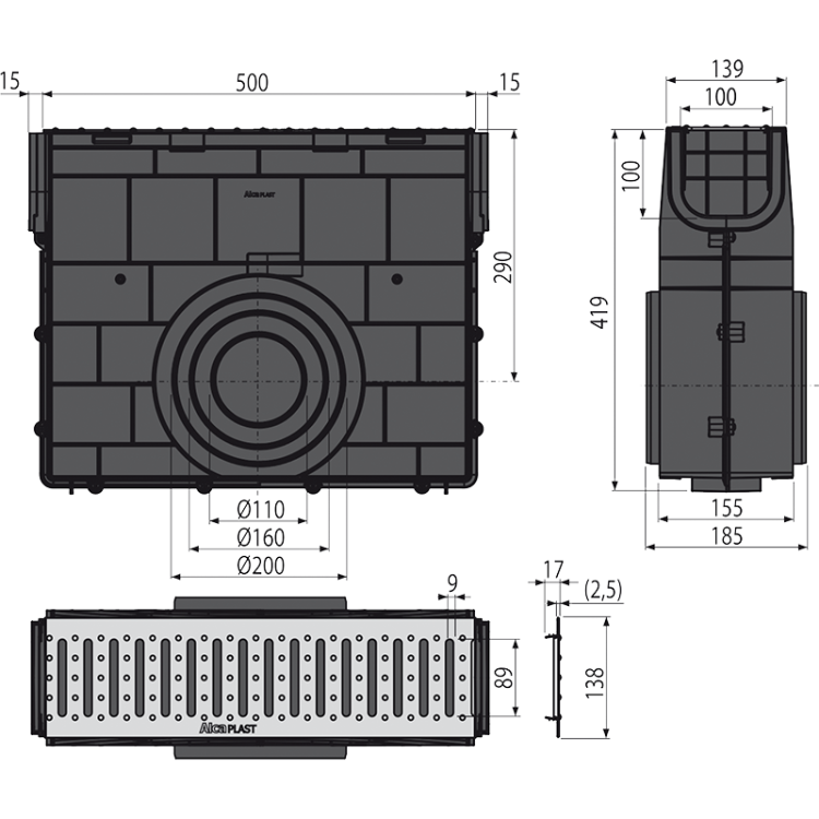 Пескоуловитель для дренажного канала AVZ101 без рамы с оцинкованной решеткой „T“ профиль A15 Alcadrain AVZ101R-R101S