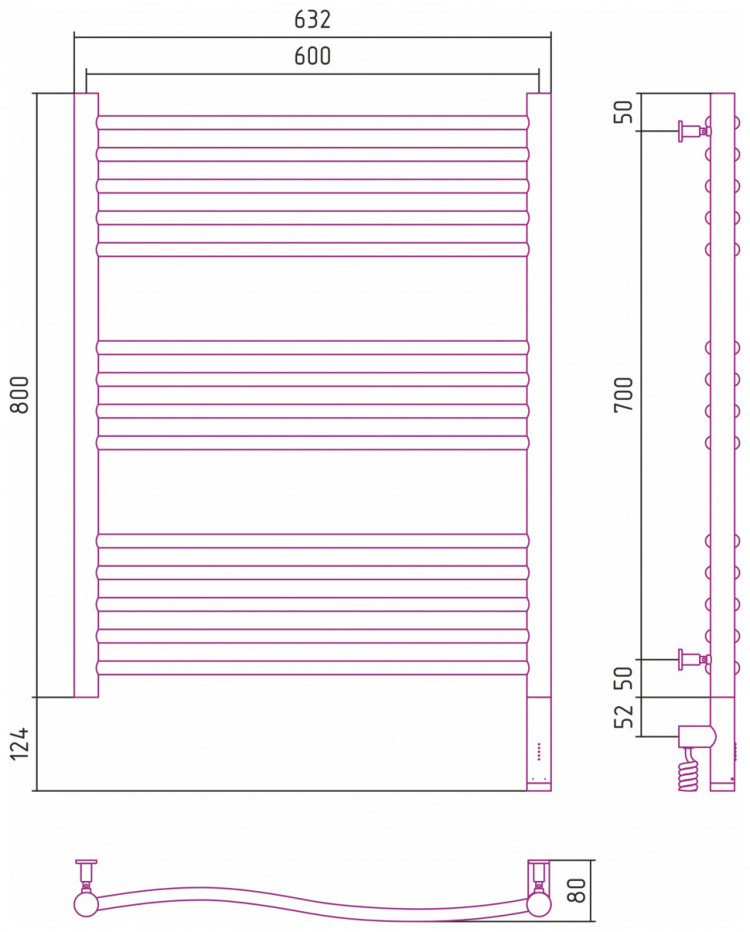 Полотенцесушитель электрический Сунержа Флюид 3.0 800х600 МЭМ правый Без покрытия