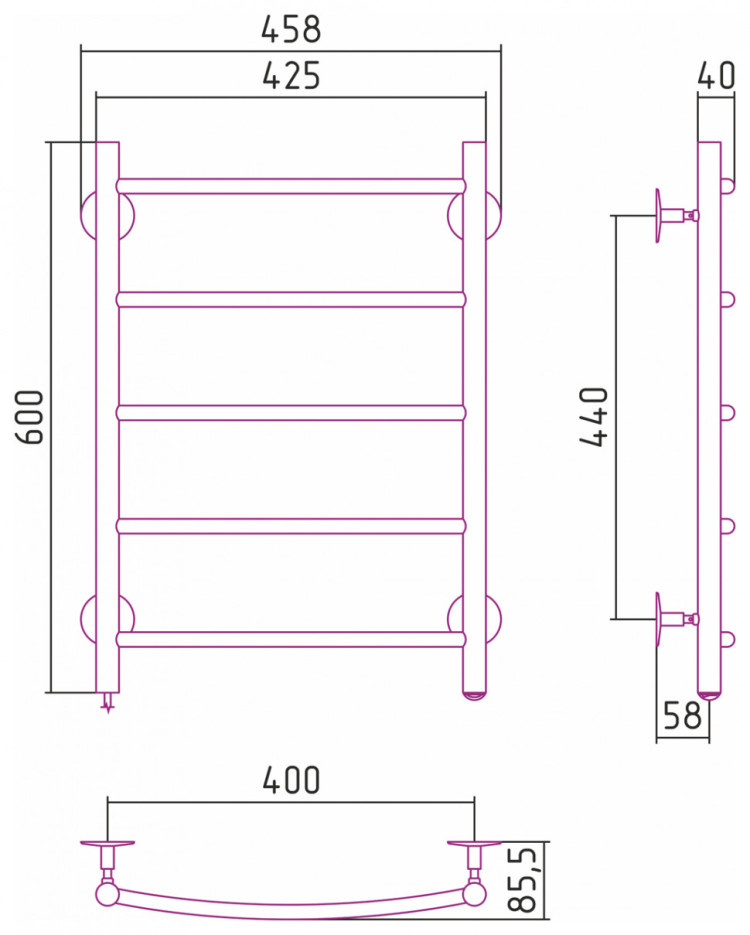 Полотенцесушитель электрический Стилье Формат 40 Л 600х400 (5) Г16 Без покрытия