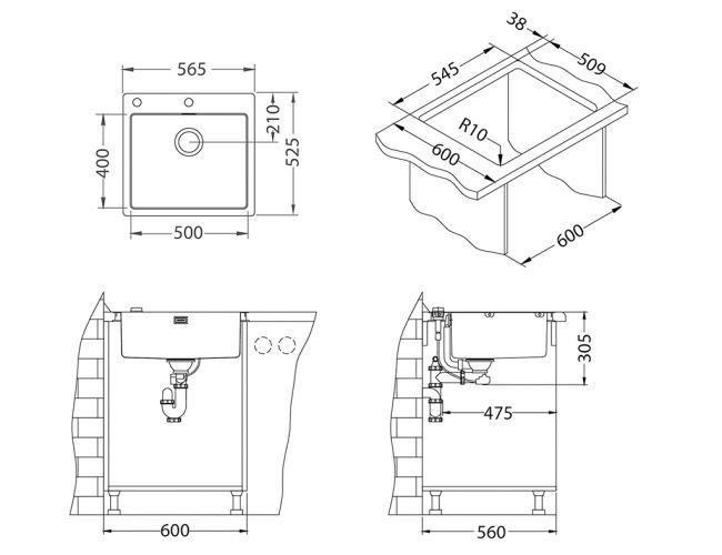 Мойка PURE 70 KMB-90 565X525 в компл. с сифоном 1127252,