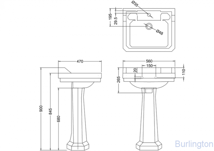 Раковина 56 см на 1 или 3 отверстия с пьедесталом, цвет чёрный
