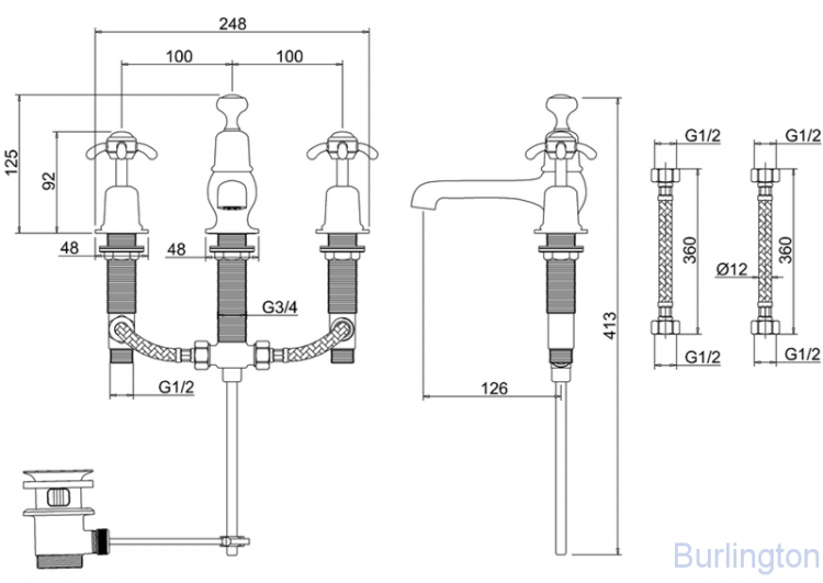 Смеситель для раковины на 3 отверстия с донным клапаном [AN12 BLA]
