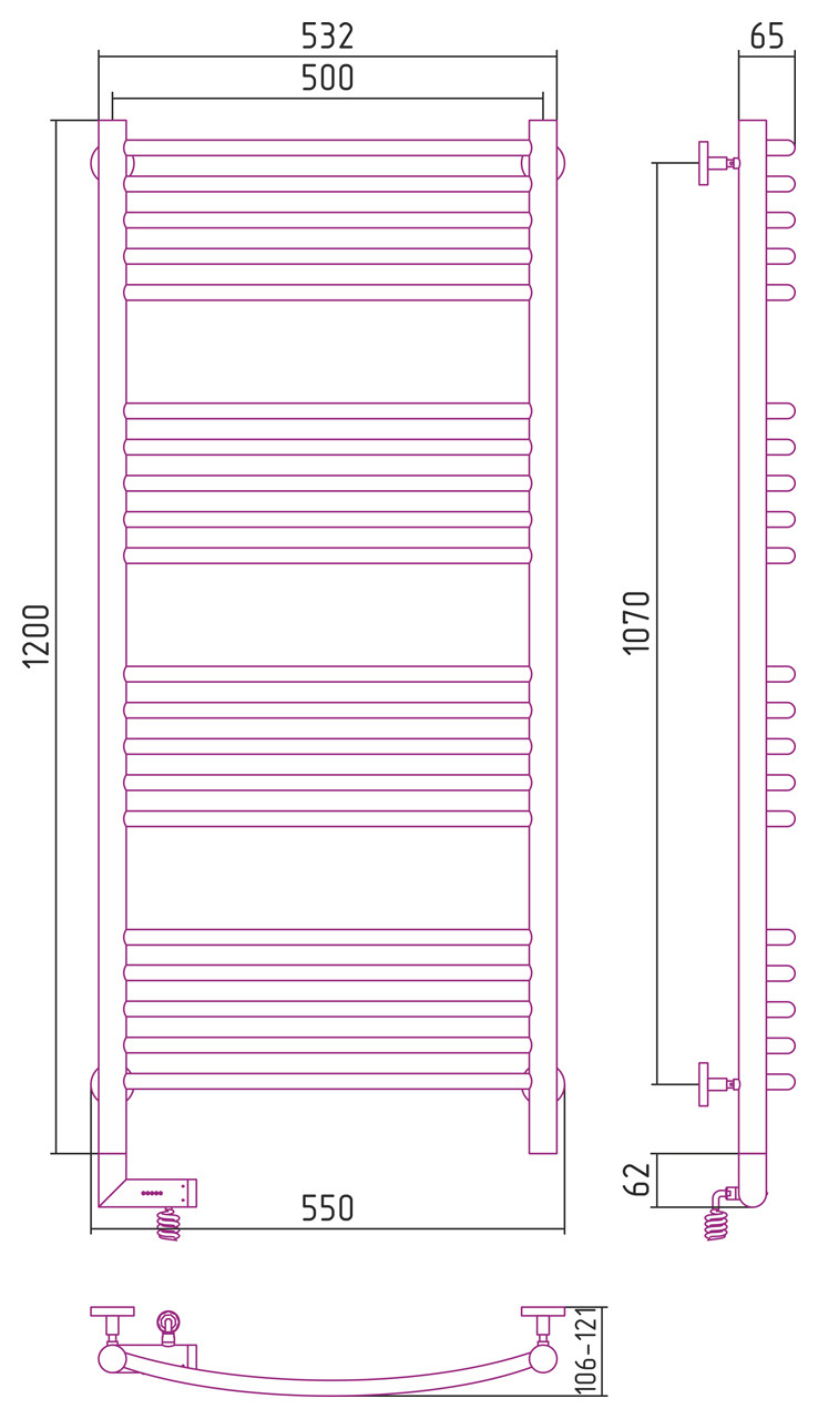 Полотенцесушитель электрический Сунержа Богема 2.0 выгнутая 1200х500 МЭМ левый Без покрытия