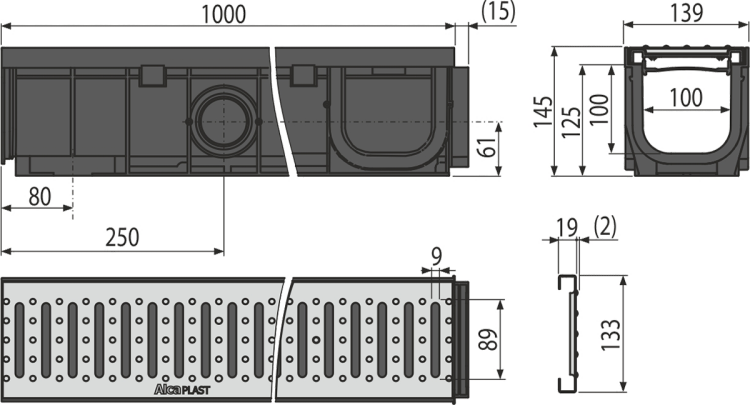 Дренажный канал 100 мм с пластиковой рамой и оцинкованной решеткой „C“ профиль A15 Alcadrain AVZ102-R102