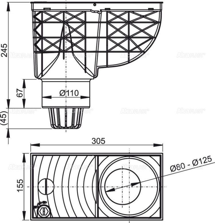 Ливнеотвод 300×155/110 мм, сток – прямой, серый Alcadrain AGV1S