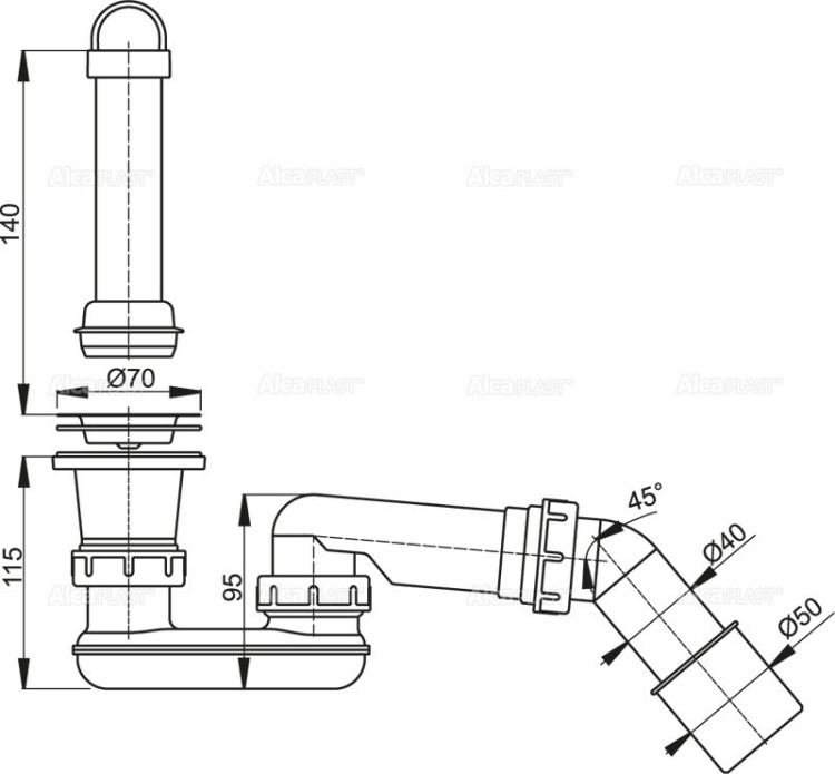 Сифон для душевого поддона с гидрозатвором и коленом Alcadrain A462-50