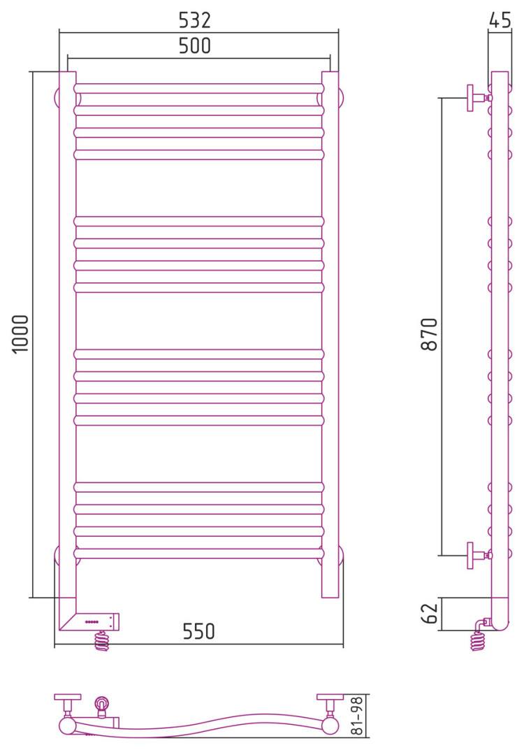 Полотенцесушитель электрический Сунержа Флюид 2.0 1000х500 МЭМ левый Состаренная бронза