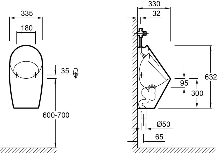 Писсуар 33,5 x 63,2 x 30 см, с открытой подводкой и сливной трубой Jacob Delafon PATIO E1545-00