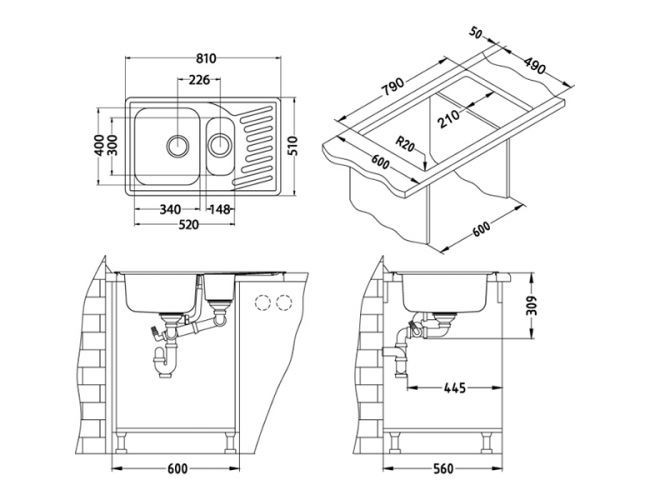 Мойка ELEGANT 110 SAT-90 810X510 1+1/2 в компл.с сифоном 1130555,