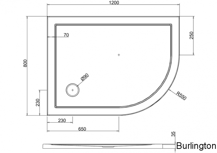 Закругленный угловой поддон 1200 x 800 мм правосторонний [Z1202]