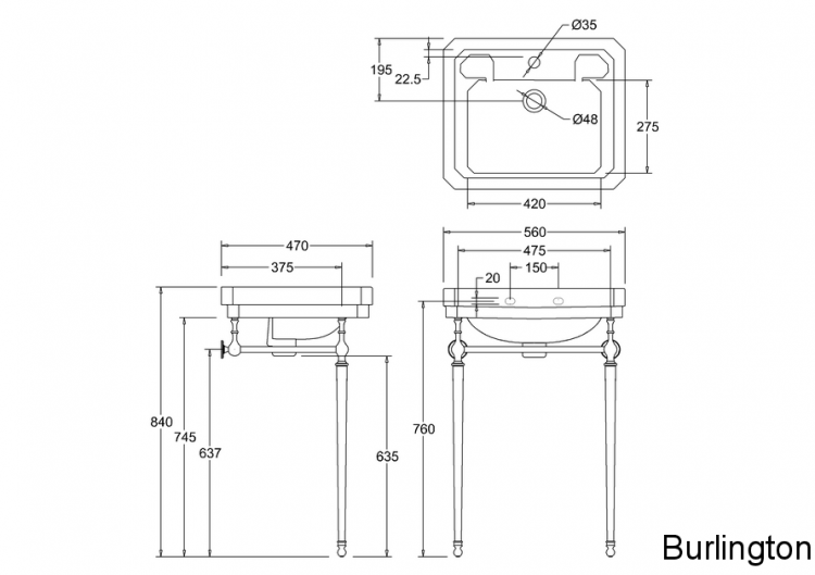 Раковина 56 см на 1 или 3 отверстия с хромированным подстольем