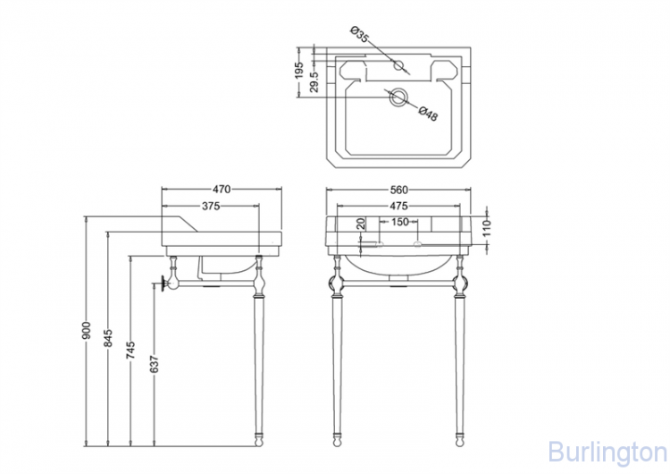 Раковина 56 см на 1 или 3 отверстия с хромированным подстольем