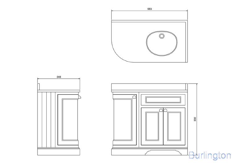Тумба со столешницей 100 см, угловая правосторонняя, цвет белый [FC3W + BB98R]