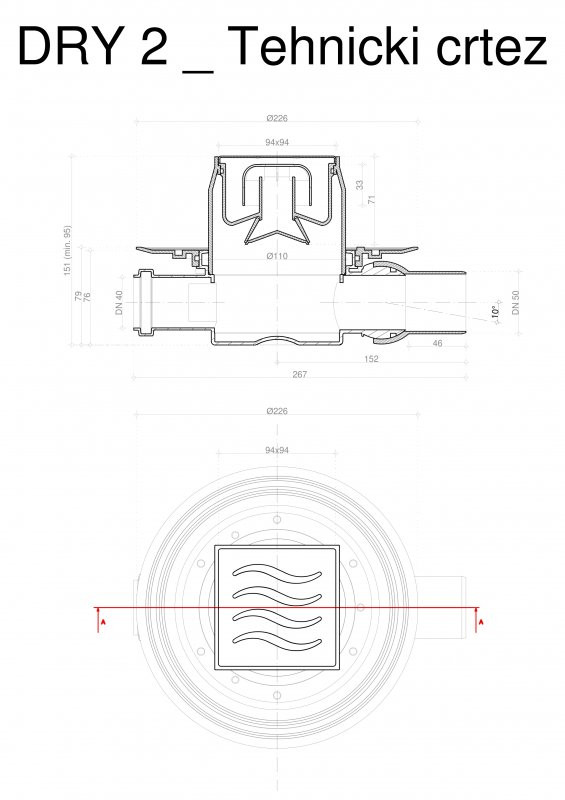 Точечный трап 100х100 мм Confluo Standard Dry 2,с сухим затвором, металл с перфорацией Tide (Волна), с рамкой PESTAN 13000068