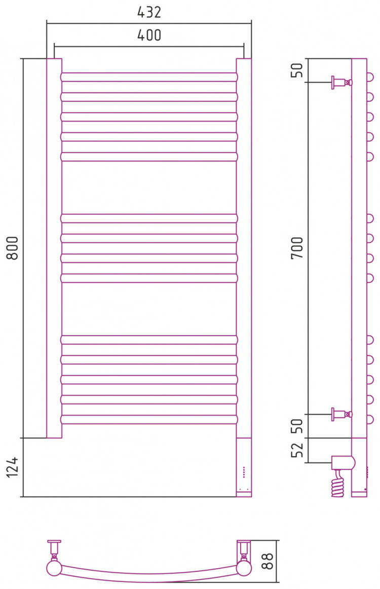 Полотенцесушитель электрический Сунержа Богема 3.0 выгнутая 800х400 МЭМ правый Шампань